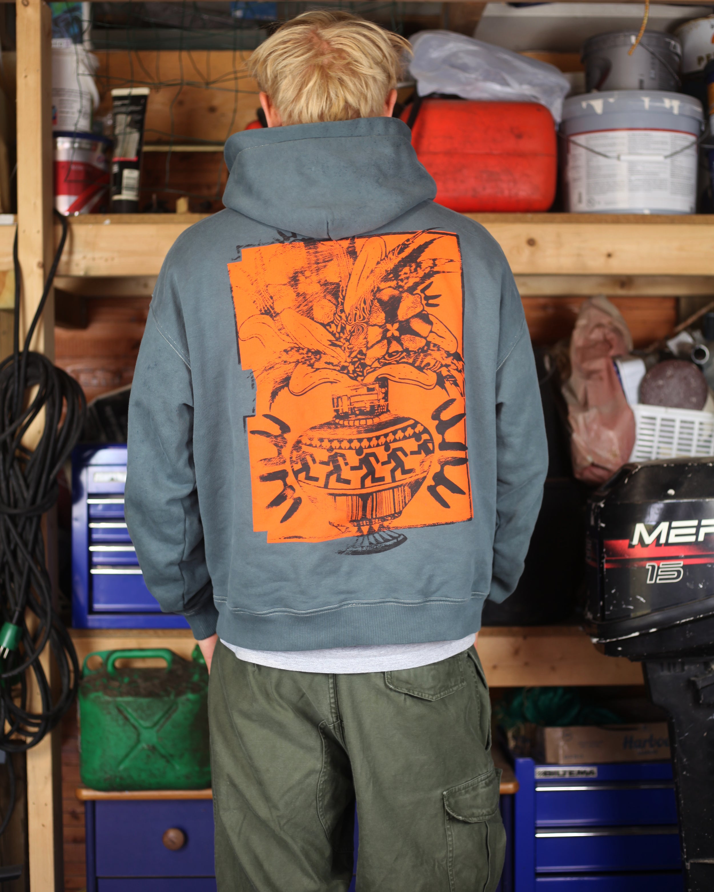 Dusty Blue Hoodie With Digital Collage Print