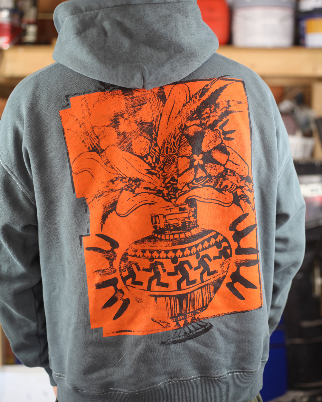 Dusty Blue Hoodie With Digital Collage Print